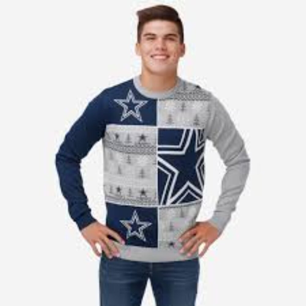 NWT $75 NFL DALLAS COWBOYS Men's Blue and Gray Star Pattern Crewneck Sweater - Picture 2 of 3